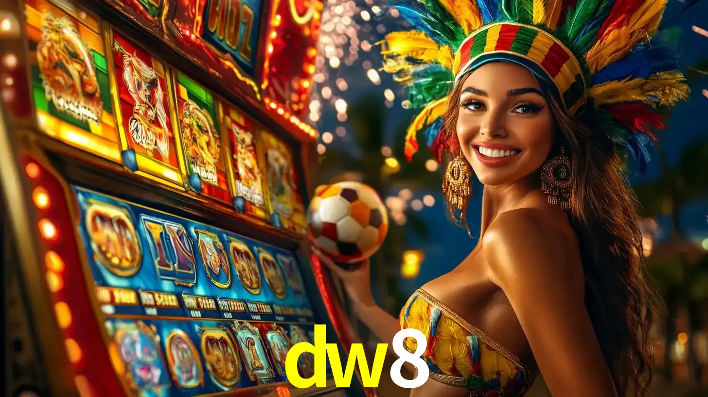 Mulher com um cocar de carnaval ao lado de uma máquina de caça-níqueis enquanto segura uma bola de futebol, mostrando a união da diversão de cassino e esportes no dw8.
