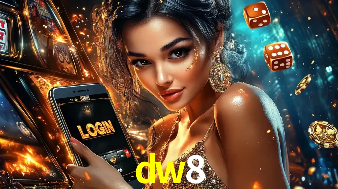 Mulher glamourosa segurando um celular com a tela de login do cassino dw8, rodeada por dados e moedas douradas, pronta para começar a diversão.