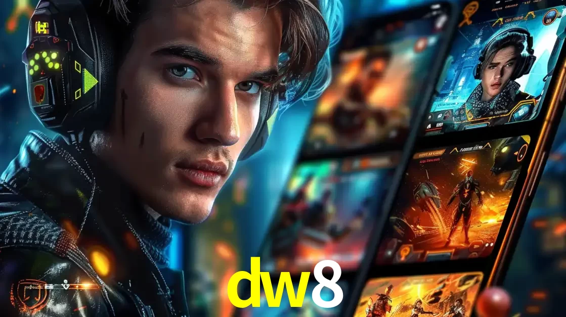 Jovem jogador com fones de ouvido olhando para a câmera, com um aplicativo de jogos e e-sports para celular ao fundo, pronto para a competição e apostas no dw8.