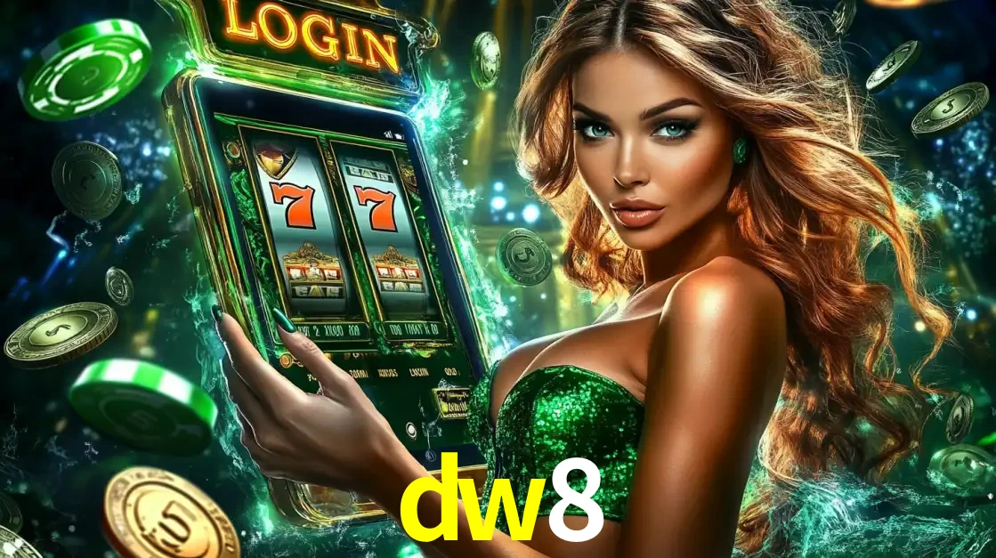 Mulher com tema verde apresentando o aplicativo do cassino dw8 com um jogo de slot de 777, cercada por fichas de cassino e uma aura de sorte.