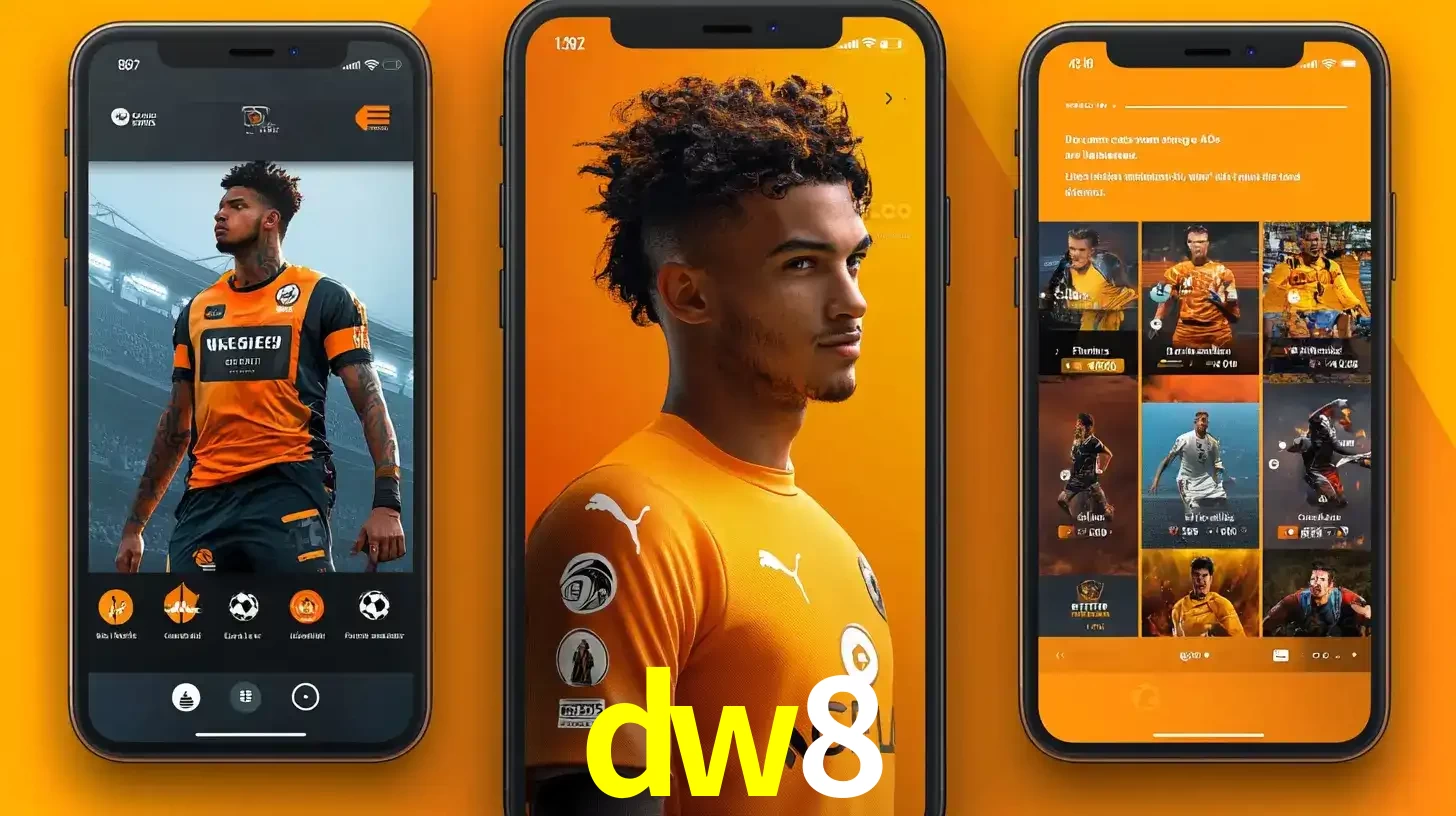 Interface do aplicativo de apostas esportivas dw8 em três telas de celular, mostrando o perfil de um jogador de futebol e a lista de jogos disponíveis para apostar.