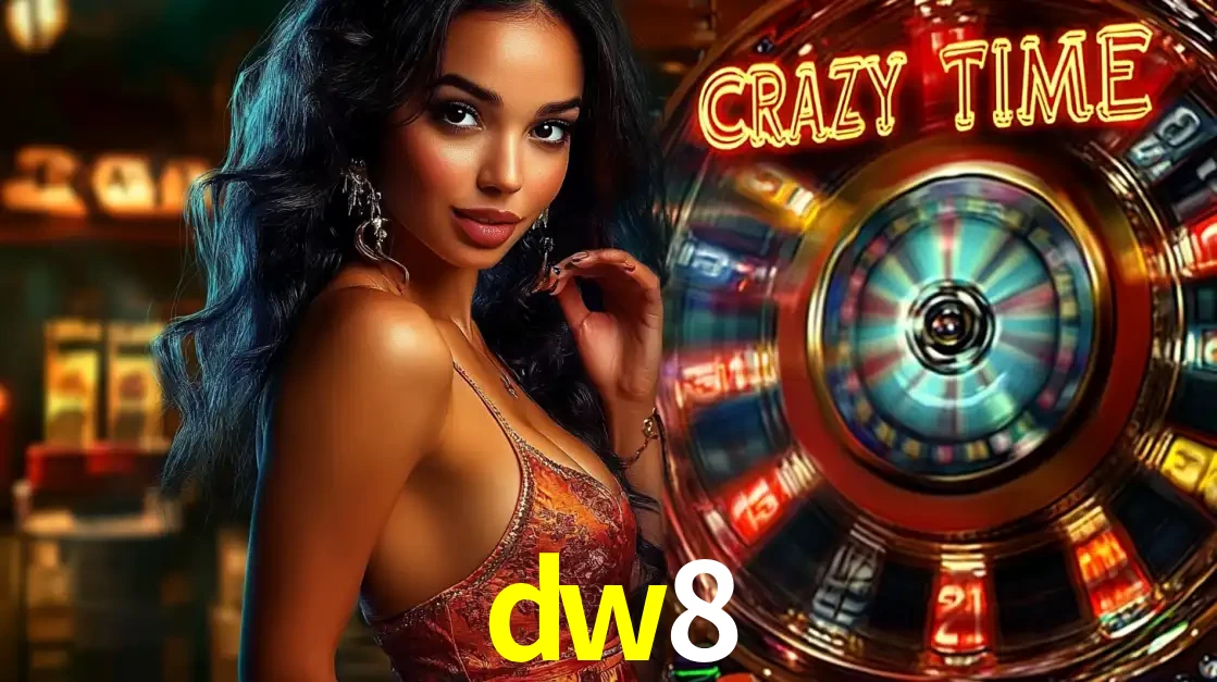 Mulher elegante ao lado da vibrante roda da fortuna do jogo de cassino ao vivo Crazy Time, um dos game shows mais populares e cheios de prêmios do dw8.