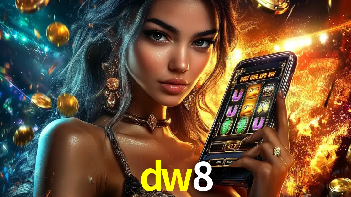Mulher elegante mostrando um jogo de caça-níqueis em seu smartphone, destacando a experiência de cassino móvel oferecida pelo aplicativo dw8.
