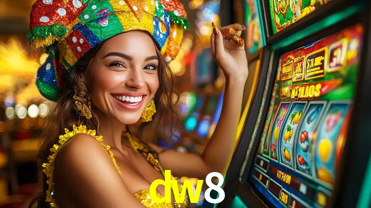 Mulher feliz com traje de carnaval amarelo e colorido ao lado de uma máquina de caça-níqueis, aproveitando a diversão e os jogos temáticos do cassino dw8.