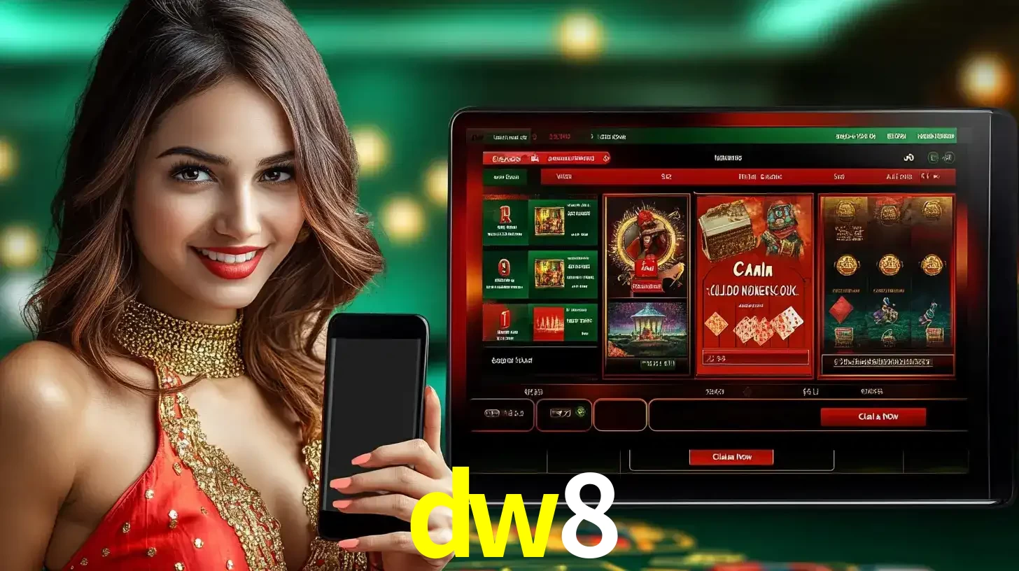 Mulher sorridente segurando um smartphone, ao lado de uma tela exibindo o lobby de jogos do cassino online dw8, com várias opções de jogos de cartas e slots.